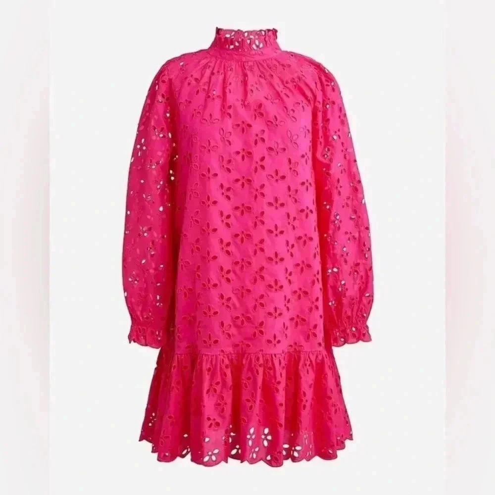 NWT J. Crew fully lined hot pink eyelet ruffled neck dress - Picture 9 of 16